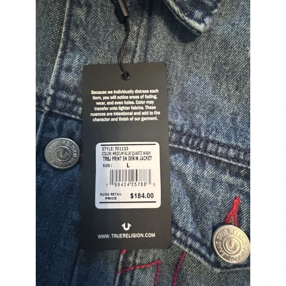 True Religion JESSE SN Patch Trucker Jacket Light Blue Denim LARGE -NWT!
